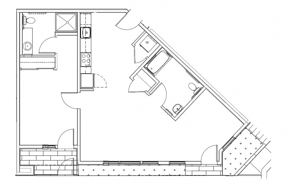 Floor plan for 1 bed, 2 baths, 870 sqft